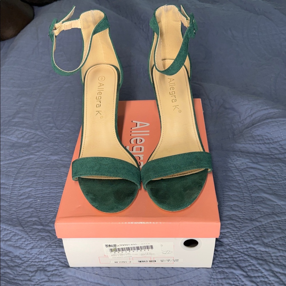Allegra K Teal Green Suede Ankle Strap Block Heels